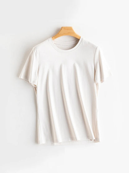 SuyaDream Women Solid T shirts, Silk Cotton Blend, O Neck, Short Sleeved Solid Tee,2026 Summer Candy Colors Basic Cozy Top Green