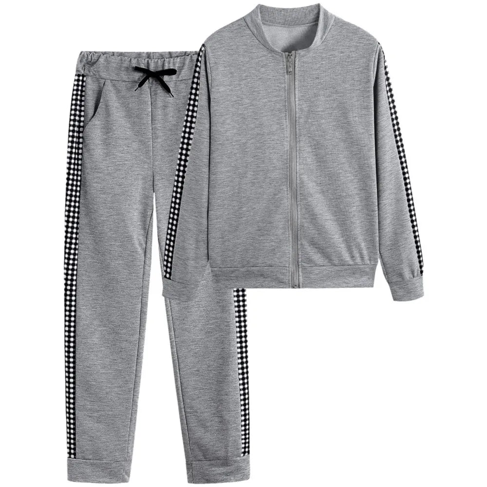 Athleisure Zipper Jacket Women's Suit Spring Fashion Patchwork Plaid Slim Fit Timid Feet Trousers Female 2 Piece Set 2025