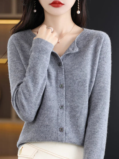 2026 New Chic Women's Basic O-neck Cardigan 100% Merino Wool Sweater Soft Grace Knitwear CoatSpring Autumn Female Clothes Tops
