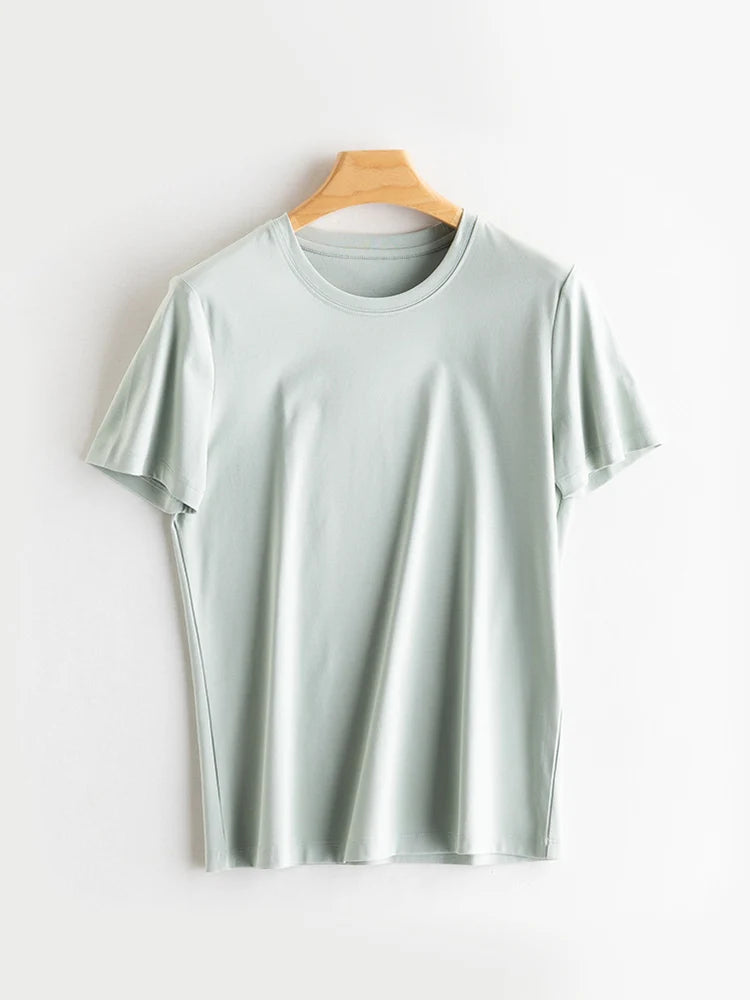 SuyaDream Women Solid T shirts, Silk Cotton Blend, O Neck, Short Sleeved Solid Tee,2026 Summer Candy Colors Basic Cozy Top Green