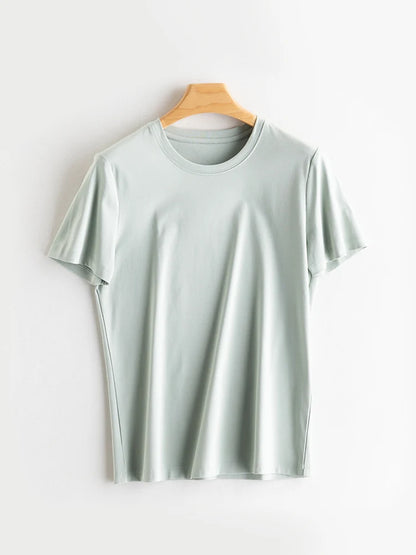 SuyaDream Women Solid T shirts, Silk Cotton Blend, O Neck, Short Sleeved Solid Tee,2026 Summer Candy Colors Basic Cozy Top Green