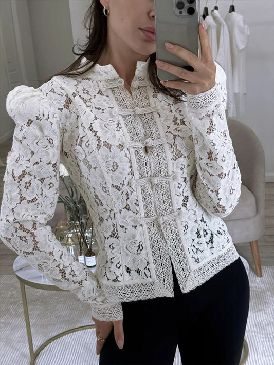 Women's Lace Printed Shirts Tops Spring New Full Sleeve Hollow Out Single Breasted Patchwork Blouse Female Fashion Shrug Shirts