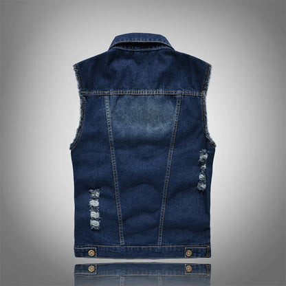 Men Denim Vests Jackets Waistcoats Light Blue Ripped Denim Coats Vests New Fashion Male Cotton Slim Black Jeans Waistcoats 6XL