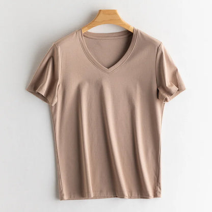 SuyaDream Women Solid T shirts, Silk Cotton Blend, O Neck, Short Sleeved Solid Tee,2026 Summer Candy Colors Basic Cozy Top Green