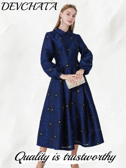 Fall/Winter Turned Collar Lined Sleeve A-Line Silhouette Geometric Heavyweight Jacquard Elegant and Graceful Long Dress