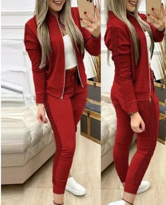 Athleisure Zipper Jacket Women's Suit Spring Fashion Patchwork Plaid Slim Fit Timid Feet Trousers Female 2 Piece Set 2025