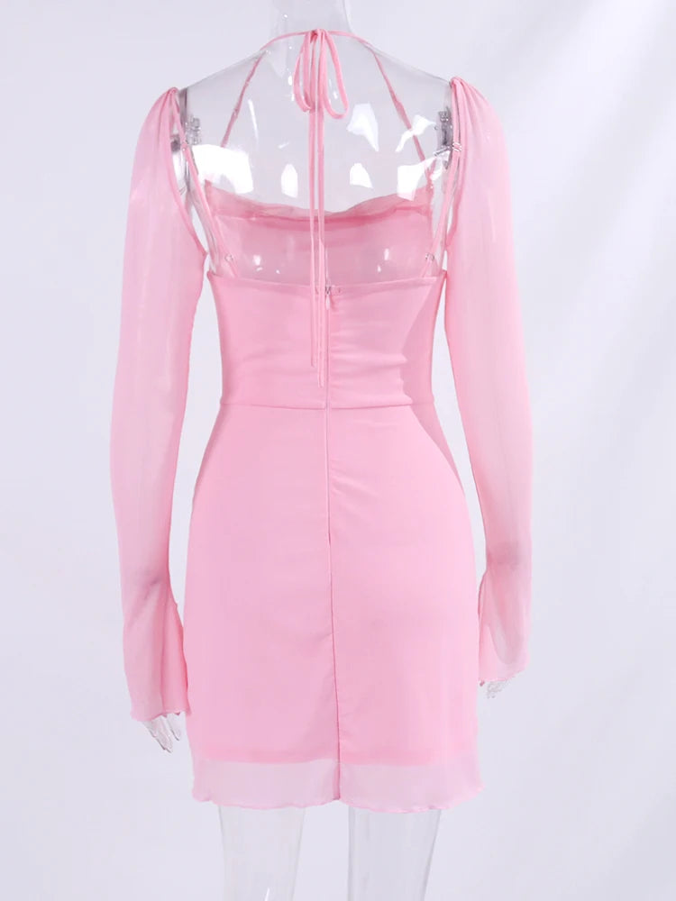 Halter Flounce Sleeves Mesh Pink Dress Women Sexy Solid Backless Bandage Mini Vestido Summer Vacation Party Club