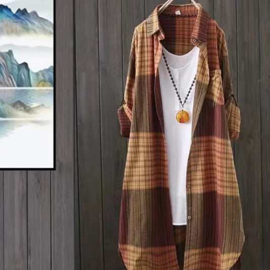 New Women's Casual Fashion blouse temperament popular Shirt Plaid Lapel Loose Button Cardigan Top Suitable For Spring And Autumn