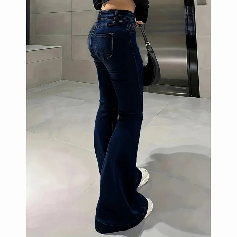 Girls Concise Ins High Waist Flared Jeans Female Stretchy Bootcut Denim Pants Women Solid Color Thin Bell Bottoms Trousers