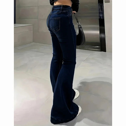 Girls Concise Ins High Waist Flared Jeans Female Stretchy Bootcut Denim Pants Women Solid Color Thin Bell Bottoms Trousers