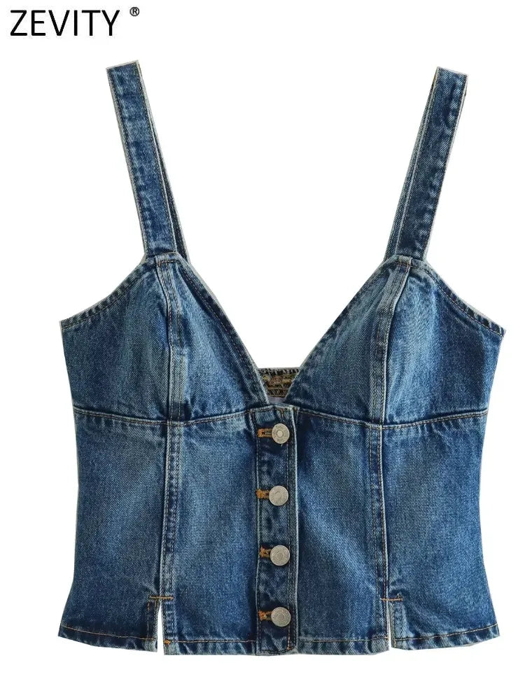 Zevity, blusa vaquera a la moda con cuello en V y una hilera de botones para mujer, blusa elegante con espalda elástica, Blusas Sim Crop Tops LS3773