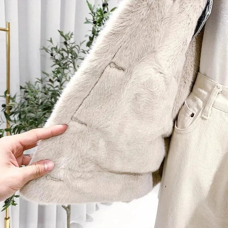 Double-Sided Lamb Wool Denim Jacket Women's Velvet Thick Furry Casual BF Padded Loose Winter Cowgirls Coat