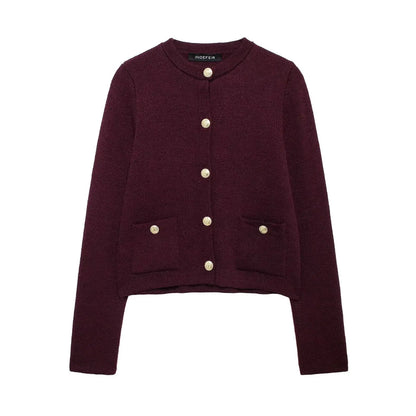 Women's Winter Slim Short Knitted Cardigan Jacket Retro Round Neck Gold Breasted Decoration Elegant Women's Casual Jacket