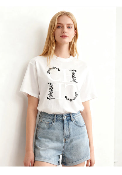 CH Letter Printed Fashionable Black T-shirt Trendy Streetwear Fashionable Men's and Women's Casual Loose Short Sleeved Top