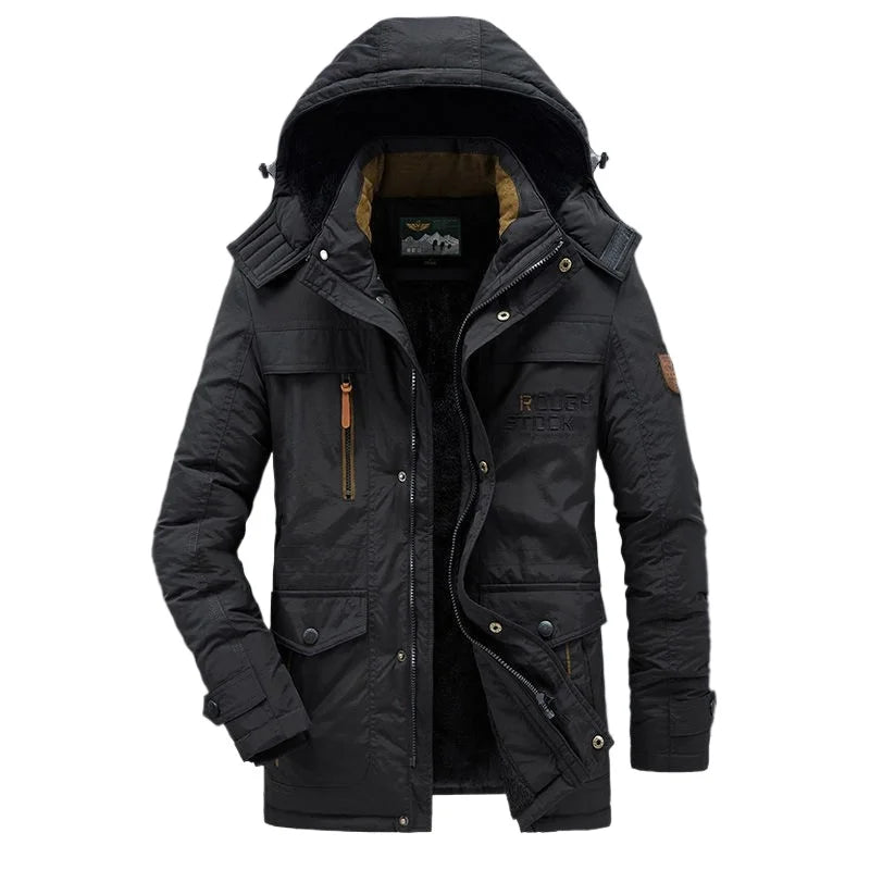 New Winter Men Hooded Casual Down Jackets Fleece Warm Long Parkas Tooling Jackets Good Quality Male Outdoors Winter Coats Size 5