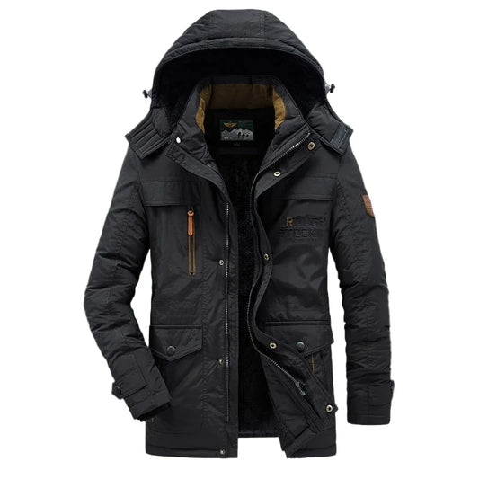 New Winter Men Hooded Casual Down Jackets Fleece Warm Long Parkas Tooling Jackets Good Quality Male Outdoors Winter Coats Size 5