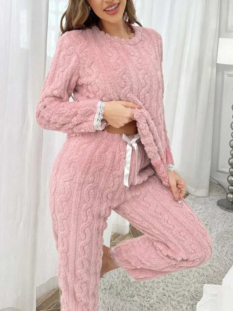 Autumn Winter Pajama Set for Women's Velvet Warm Casual Tops and Long Trousers Set Home Wear Sleepwear Loungewear