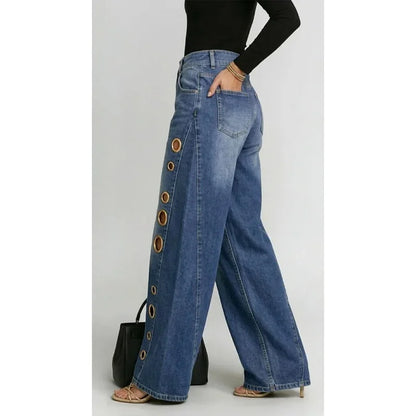 Missuoo Women's 2026 New Washed Blue High-Waist Metal Grommet Wide Leg Jeans, Casual Loose Fit Streetwear Pants for Daily Wear