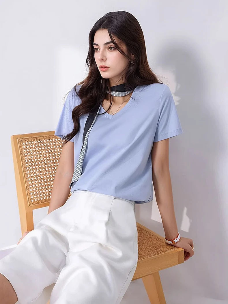 SuyaDream Women Solid T shirts, Silk Cotton Blend, O Neck, Short Sleeved Solid Tee,2026 Summer Candy Colors Basic Cozy Top Green
