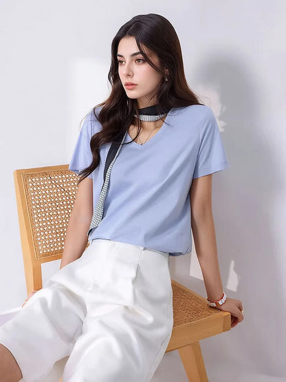 SuyaDream Women Solid T shirts, Silk Cotton Blend, O Neck, Short Sleeved Solid Tee,2026 Summer Candy Colors Basic Cozy Top Green
