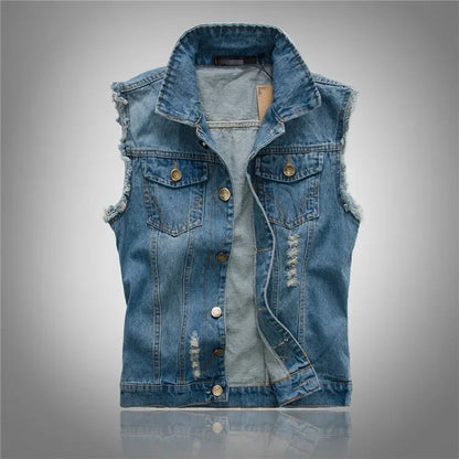 Men Denim Vests Jackets Waistcoats Light Blue Ripped Denim Coats Vests New Fashion Male Cotton Slim Black Jeans Waistcoats 6XL