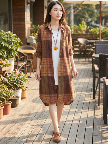 New Women's Casual Fashion blouse temperament popular Shirt Plaid Lapel Loose Button Cardigan Top Suitable For Spring And Autumn