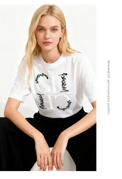 CH Letter Printed Fashionable Black T-shirt Trendy Streetwear Fashionable Men's and Women's Casual Loose Short Sleeved Top