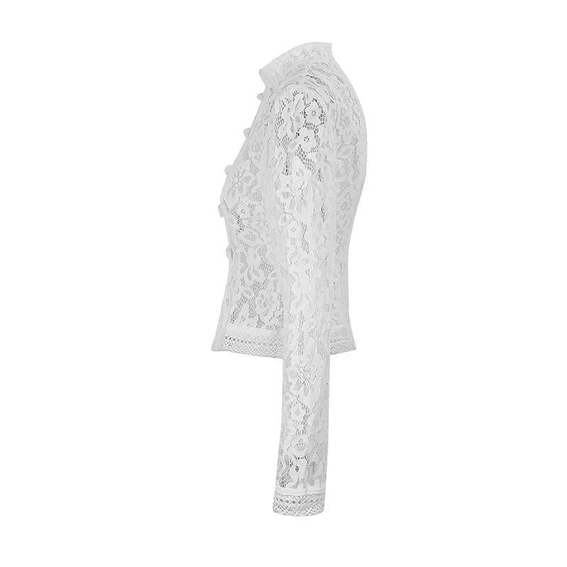 Women's Lace Printed Shirts Tops Spring New Full Sleeve Hollow Out Single Breasted Patchwork Blouse Female Fashion Shrug Shirts