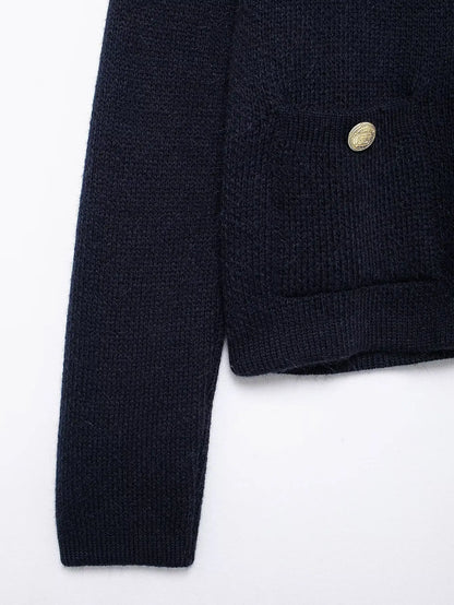 Women's Winter Slim Short Knitted Cardigan Jacket Retro Round Neck Gold Breasted Decoration Elegant Women's Casual Jacket