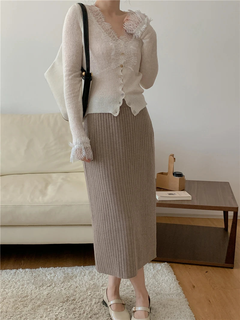 Seoulish Vintage Lace Knitted Cardigans for Women 2026 New Autumn Winter Solid Casual Slim Korean Style Ladies Tops Female