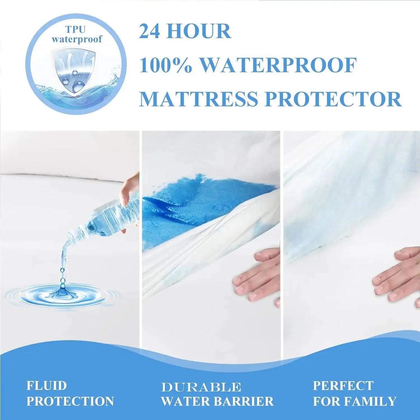 Waterproof Mattress Protector - Fitted with Stretchable Pockets - Machine Washable Cotton Mattress Cover for Bed - White