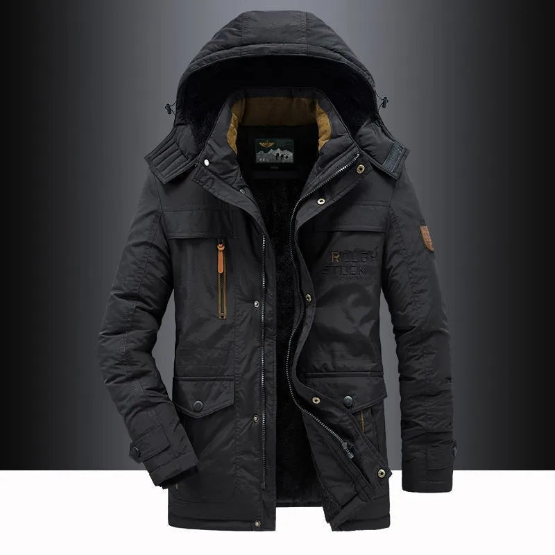 New Winter Men Hooded Casual Down Jackets Fleece Warm Long Parkas Tooling Jackets Good Quality Male Outdoors Winter Coats Size 5