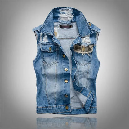 Men Slim Denim Vests Jackets Waistcoats Fashion Male Fit Blue Denim Coats Vests Street Wear Holes Jeans Vest Large Size Size 5XL