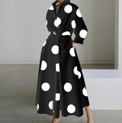 Autumn Dress Long Sleeve Dot Print Elegant Maxi Dresses For Women 2025 White Casual V Neck Shirt Party Long Dress Robe Femme