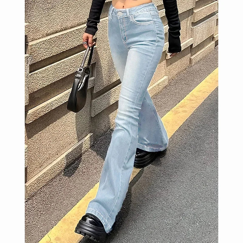 Girls Concise Ins High Waist Flared Jeans Female Stretchy Bootcut Denim Pants Women Solid Color Thin Bell Bottoms Trousers