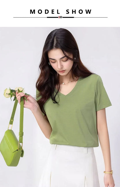 SuyaDream Women Solid T shirts, Silk Cotton Blend, O Neck, Short Sleeved Solid Tee,2026 Summer Candy Colors Basic Cozy Top Green