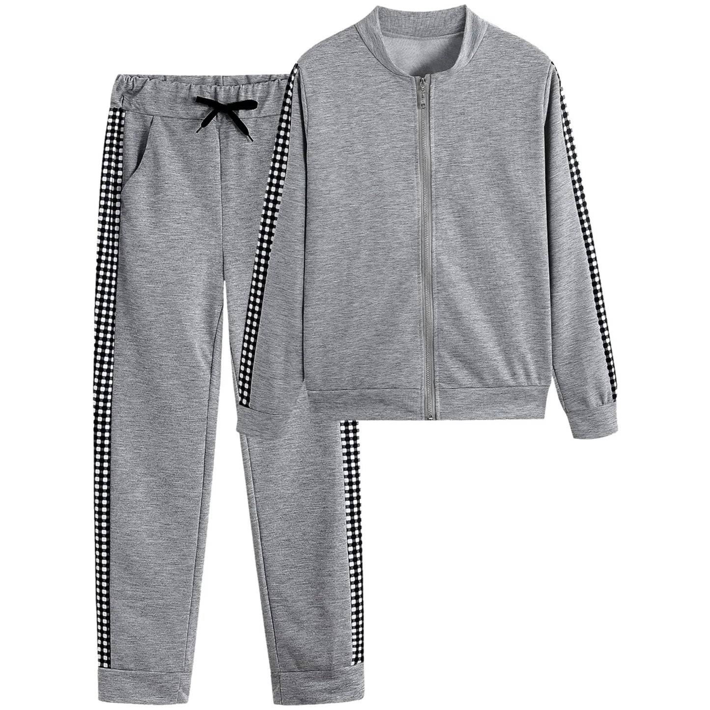 Athleisure Zipper Jacket Women's Suit Spring Fashion Patchwork Plaid Slim Fit Timid Feet Trousers Female 2 Piece Set 2025