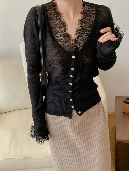 Seoulish Vintage Lace Knitted Cardigans for Women 2026 New Autumn Winter Solid Casual Slim Korean Style Ladies Tops Female