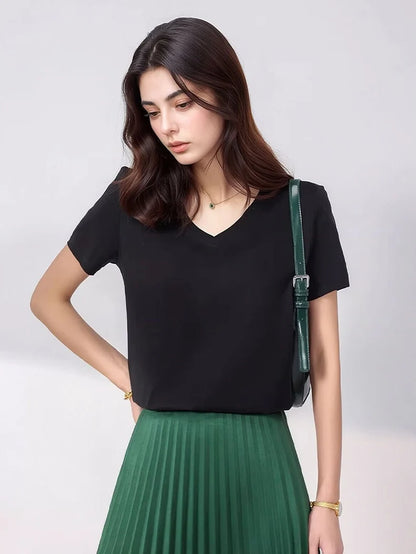 SuyaDream Women Solid T shirts, Silk Cotton Blend, O Neck, Short Sleeved Solid Tee,2026 Summer Candy Colors Basic Cozy Top Green