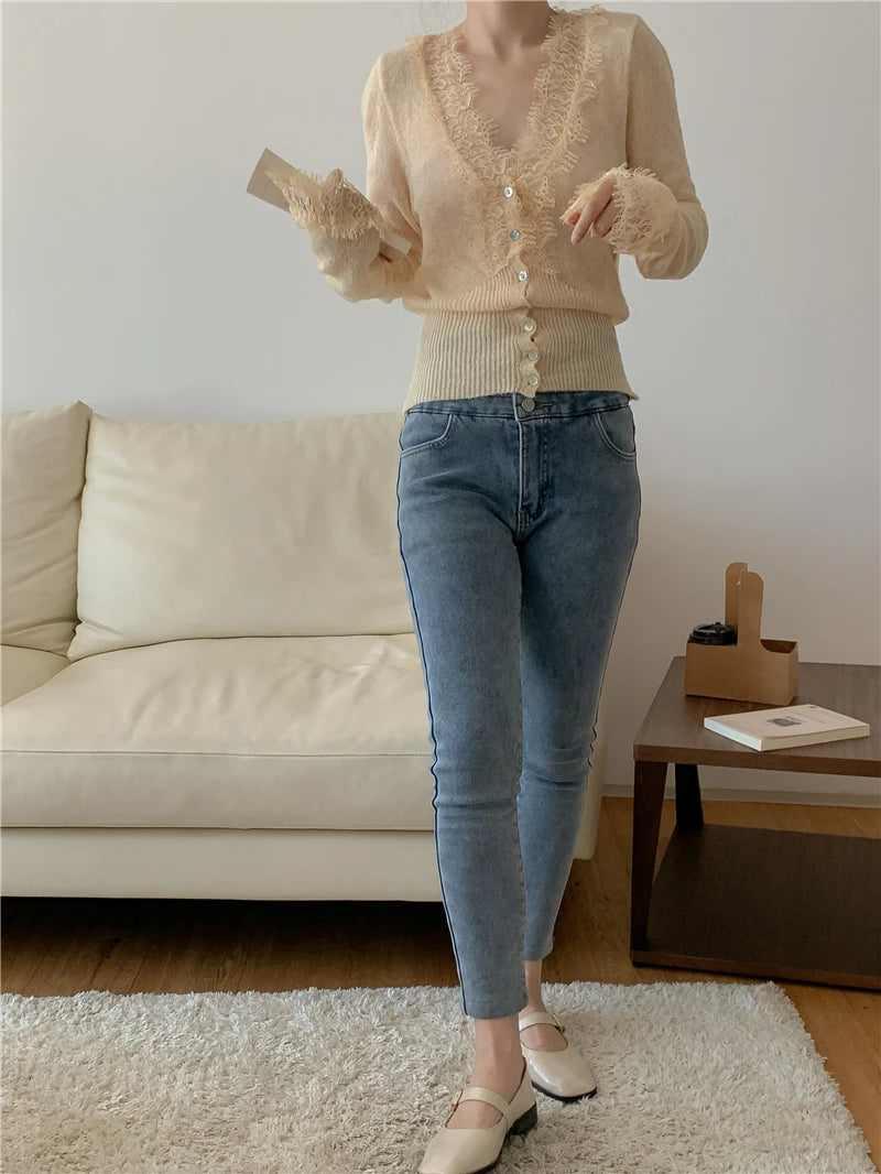 Seoulish Vintage Lace Knitted Cardigans for Women 2026 New Autumn Winter Solid Casual Slim Korean Style Ladies Tops Female