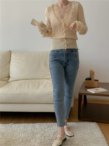 Seoulish Vintage Lace Knitted Cardigans for Women 2026 New Autumn Winter Solid Casual Slim Korean Style Ladies Tops Female