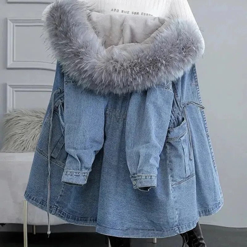 Abrigos vaqueros para mujer, prendas de vestir, chaqueta vaquera de lana gruesa y cálida, Parka larga holgada coreana con cuello de piel y capucha, novedad de 2022