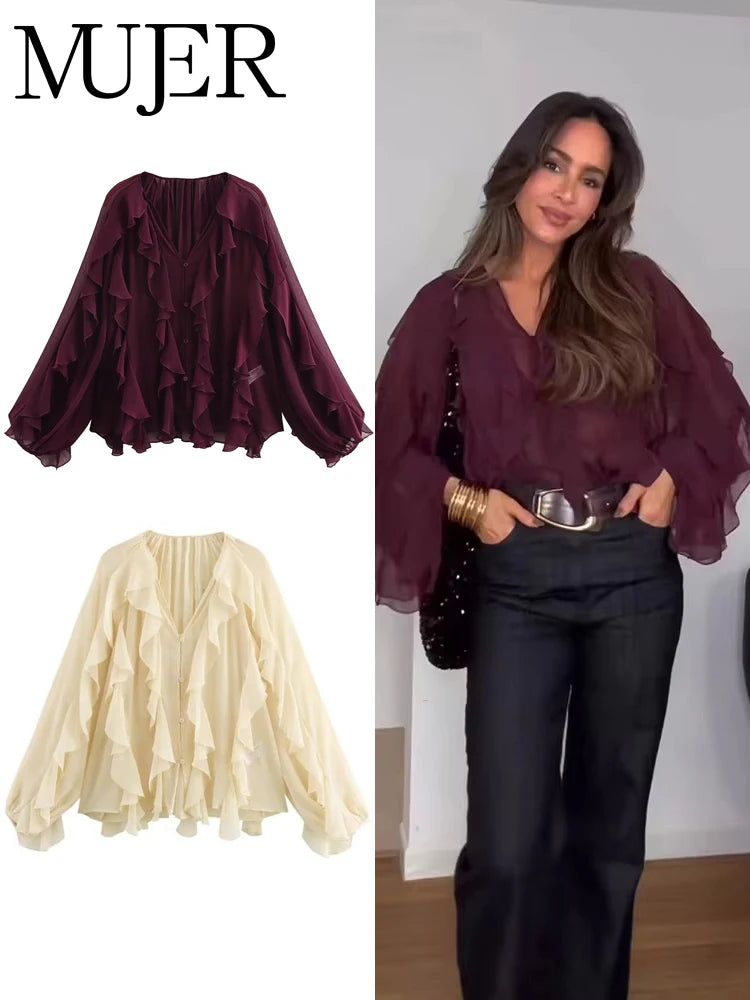 Ruffle Blouses for Women Semi Sheer Shirts and Blouses Woman Summer Casual Blouses Woman Fashion Tops Womens Blouses