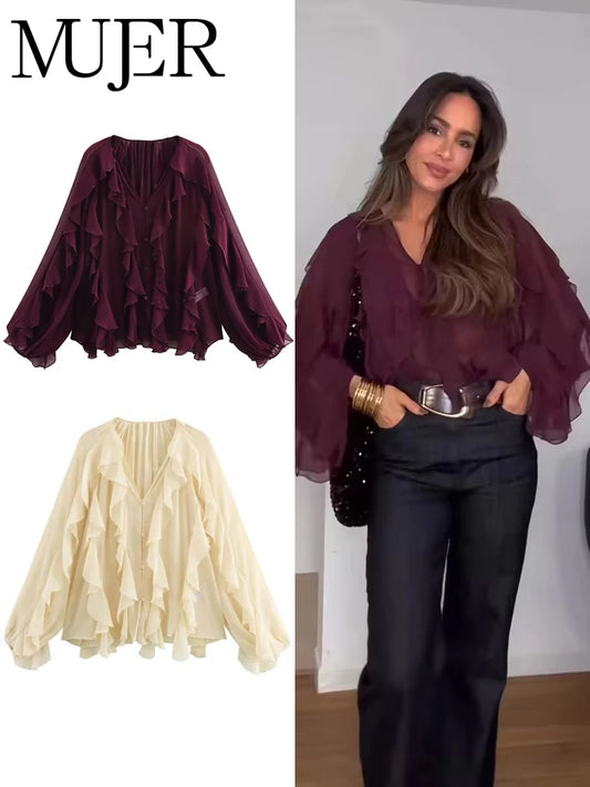 Ruffle Blouses for Women Semi Sheer Shirts and Blouses Woman Summer Casual Blouses Woman Fashion Tops Womens Blouses