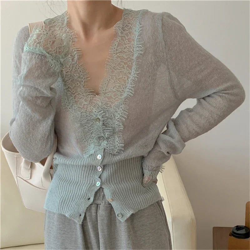 Seoulish Vintage Lace Knitted Cardigans for Women 2026 New Autumn Winter Solid Casual Slim Korean Style Ladies Tops Female