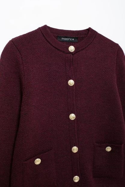 Women's Winter Slim Short Knitted Cardigan Jacket Retro Round Neck Gold Breasted Decoration Elegant Women's Casual Jacket