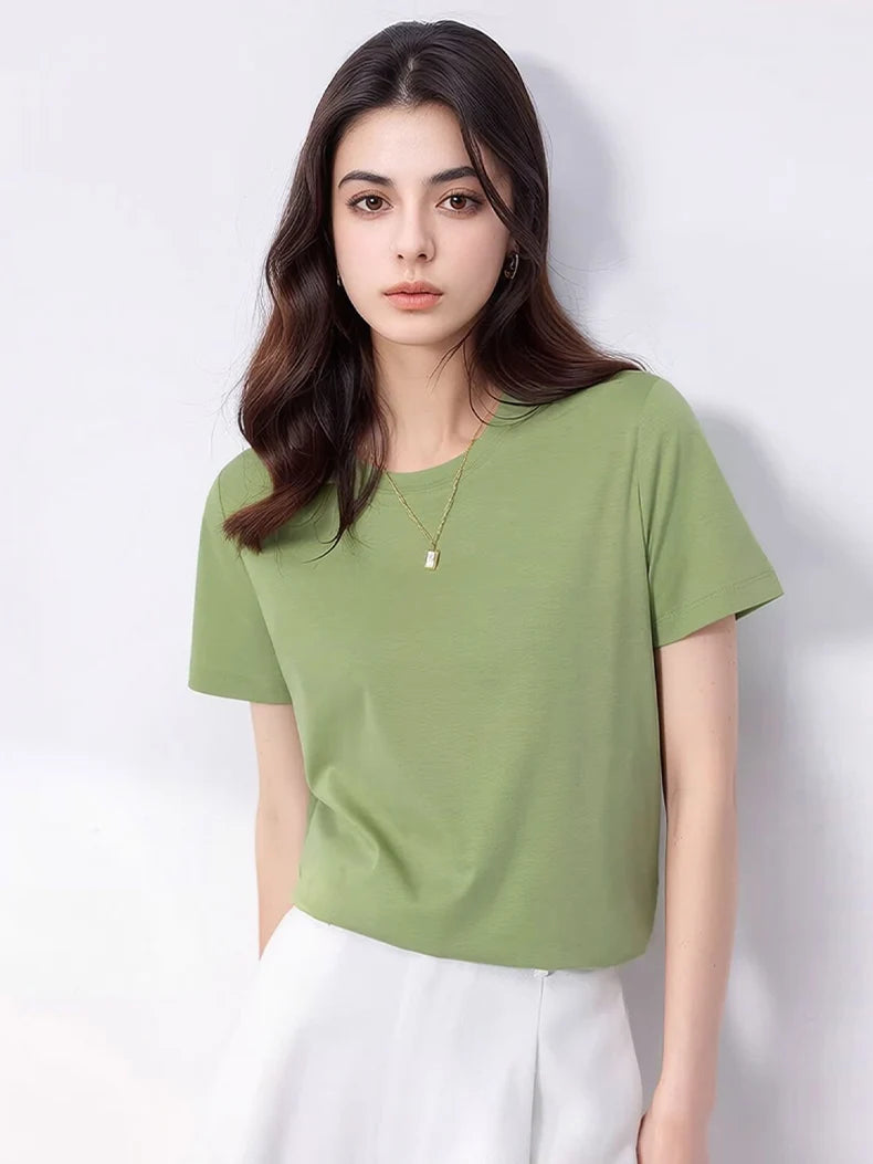 SuyaDream Women Solid T shirts, Silk Cotton Blend, O Neck, Short Sleeved Solid Tee,2026 Summer Candy Colors Basic Cozy Top Green