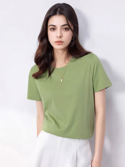 SuyaDream Women Solid T shirts, Silk Cotton Blend, O Neck, Short Sleeved Solid Tee,2026 Summer Candy Colors Basic Cozy Top Green