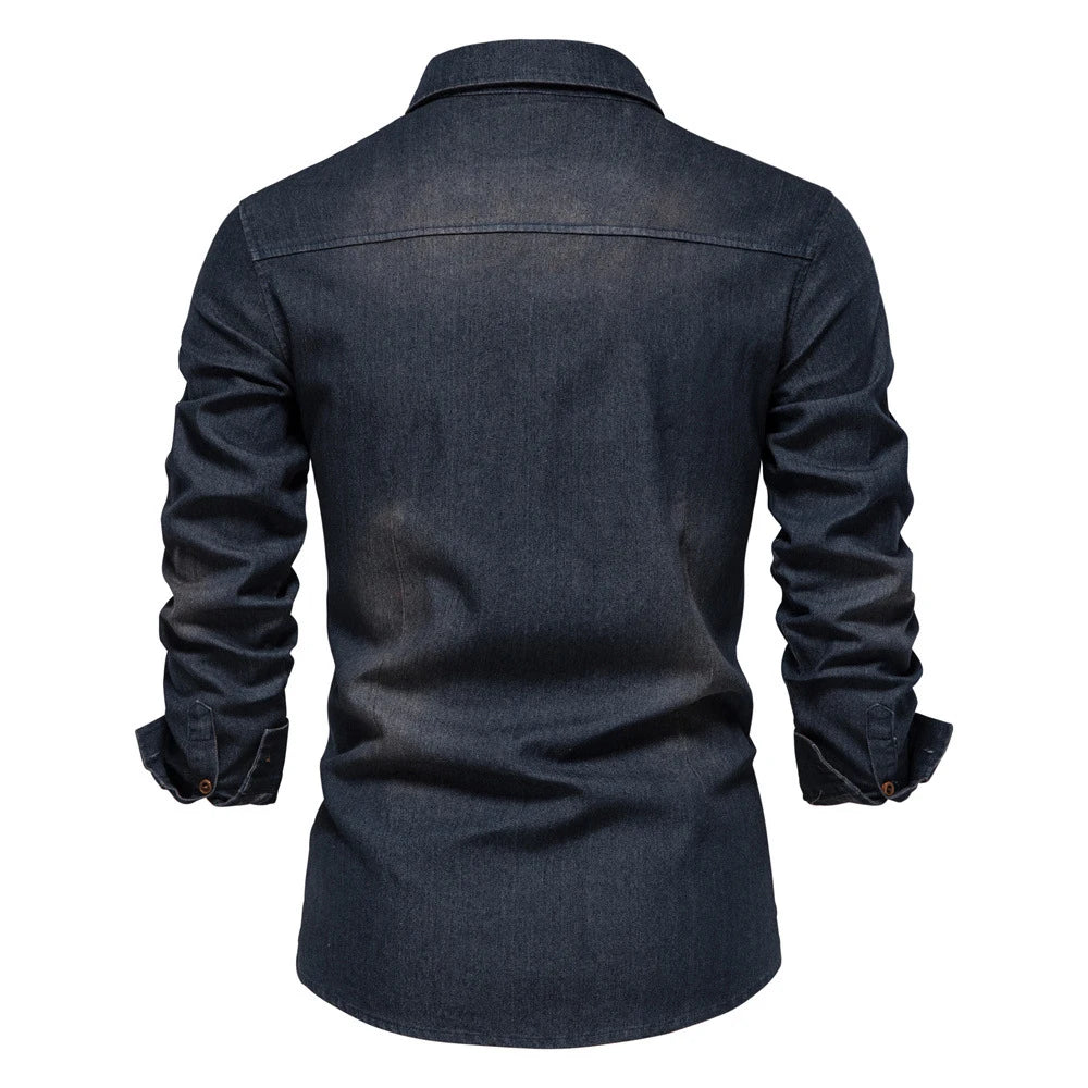 2026 Cotton Denim Shirts Men Casual Long Sleeve Quality Cowboy Shirt Solid Color Slim Fit Elastic Navy Blue Black Clothes