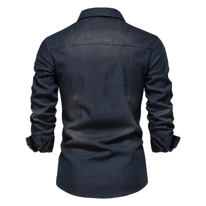 2026 Cotton Denim Shirts Men Casual Long Sleeve Quality Cowboy Shirt Solid Color Slim Fit Elastic Navy Blue Black Clothes